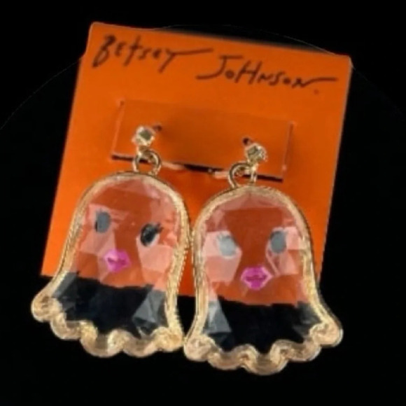 BETSEY JOHNSON Halloween Fun Clear Bevel-Cut Gold-Trimmed Ghost Earrings NEW NWT - Picture 5 of 5